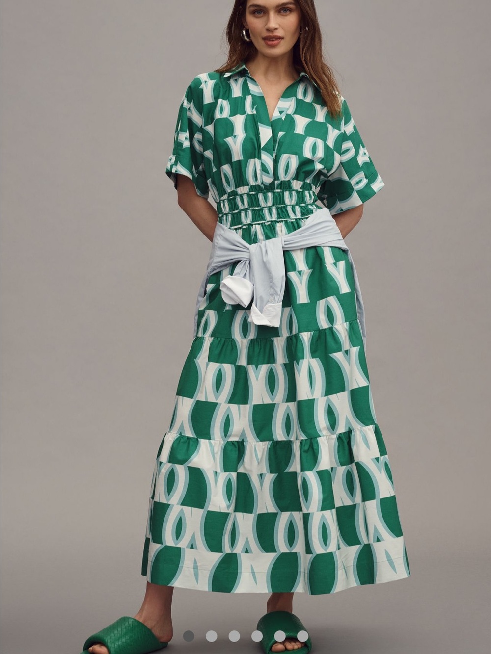 Anthropologie Green and White Geometric Tiered Maxi Dress